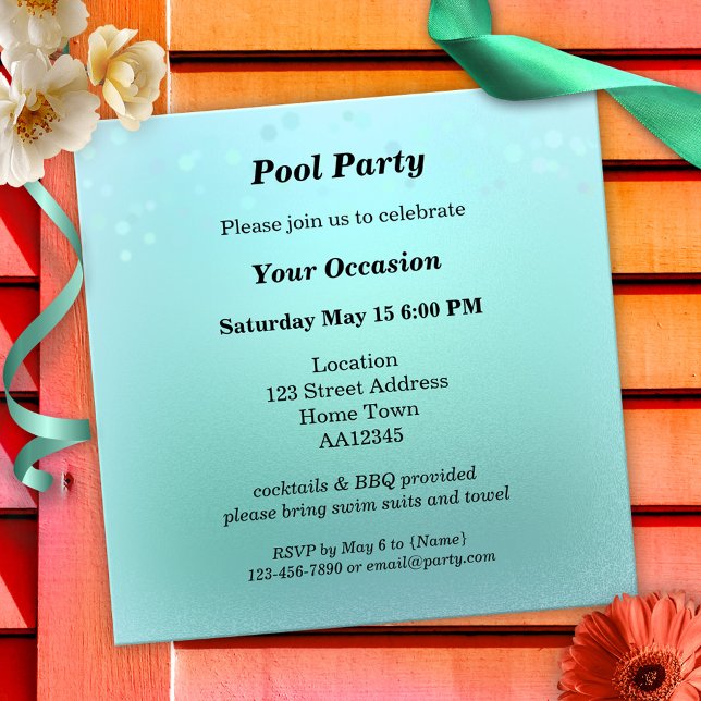 Aqua Aquamarin Sparkling Pool Party Einladung (Elegant invitation in aqua teal and marine blue with sparkling lights or bokeh - summer pool party)