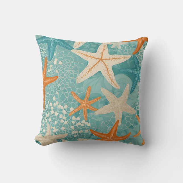 Aqua Aquamarin Starfish Beach Seashell Pattern Kissen (Vorderseite)