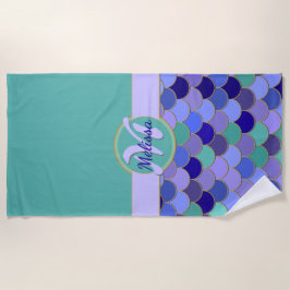 Aqua Aquamarin und Lila Mermaid-Skala Monogramm + Strandtuch