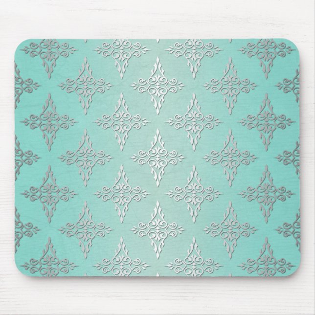 Aqua Aquamarin und Silvery White Damask Muster Mousepad (Vorne)