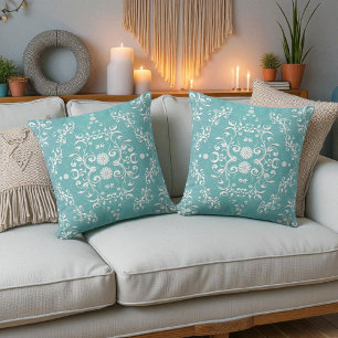 Aqua Aquamarin und Weiße Flora Damask Kissen