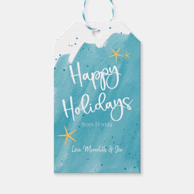 Aqua Aquamarin Watercolor Beach Happy Holidays Geschenkanhänger (Vorderseite)
