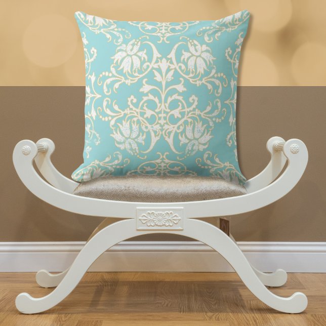 Aqua Aquamarin White Gold Damask Kissen (Von Creator hochgeladen)