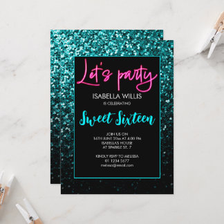 Aqua aquamarine schwarze Glitzern Sweet 16 neon la Einladung