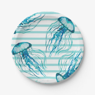 Aqua-aquamarine Streifenwatercolor-Quallen Pappteller