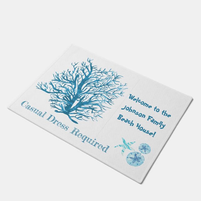 Aqua-aquamariner Sand Dollar, Korallen, Seestern Fußmatte (Schrägansicht)