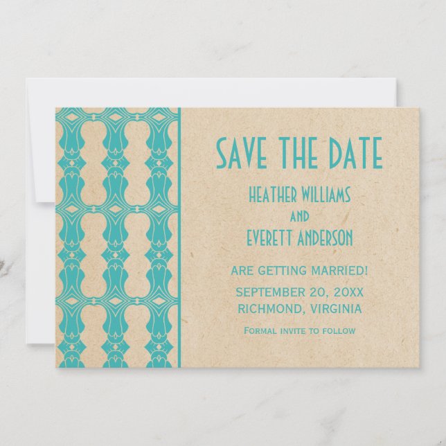 Aqua Art Deco Border Save the Date laden Einladung (Vorderseite)