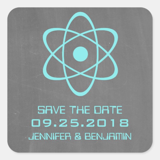 Aqua Atomic Chalkboard Save the Date Stickers (Vorderseite)
