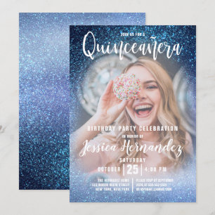 Aqua Baby Blue Triple Glitzer Foto Quinceañera Einladung