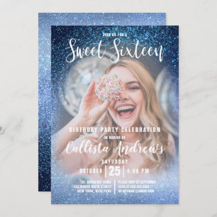 Aqua Baby Blue Triple Glitzer Ombre Foto Sweet 16 Einladung