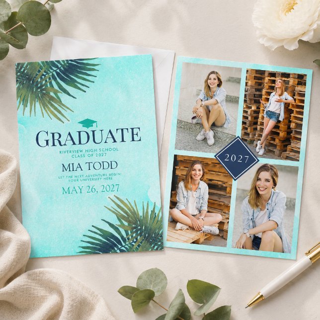 Aqua Background Abschluss Ankündigung (Announce your milestone achievement in true style with this Chic Palm Frond Gold and Teal Graduation)