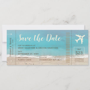 Aqua Beach Boarding Pass Ticket Save the Date Kart Ankündigung