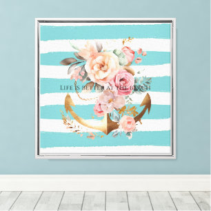 Aqua Beach Streifen Blumenanker Leinwanddruck