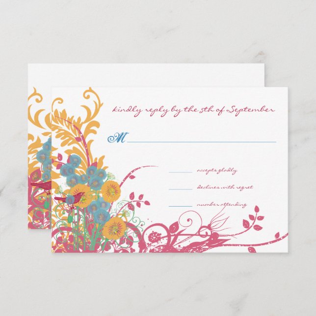 Aqua Beeswax Raspberry Wild Blume Bird Wedding Einladung (Vorne/Hinten)