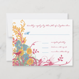 Aqua Beeswax Raspberry Wild Blume Bird Wedding RSVP Karte