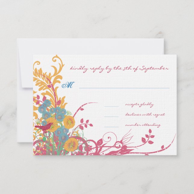 Aqua Beeswax Raspberry Wild Blume Bird Wedding RSVP Karte (Vorderseite)