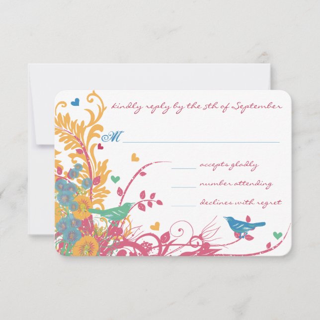Aqua Beeswax Raspberry Wild Blume Bird Wedding RSVP Karte (Vorderseite)