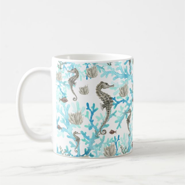 Aqua Beige Seepferd Ocean Meereswelt Kaffeetasse (Links)