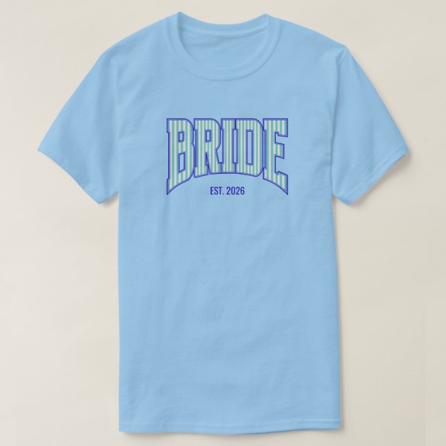 Aqua + Beige Streifen Navy Varsity BRIDE T-Shirt (Design vorne)