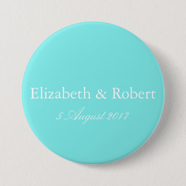 Aqua Belle Aqua Blauer und weißer Text Hochzeit Button (Vorderseite)