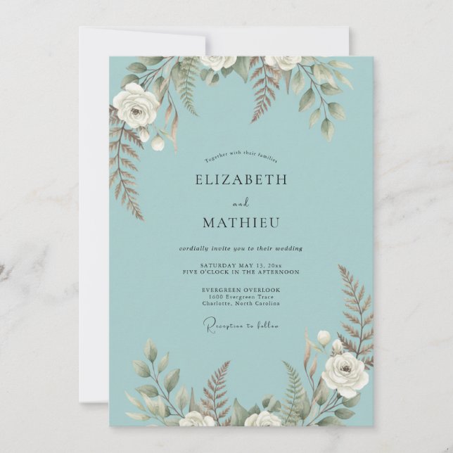 Aqua Bemalte Hochzeit mit Farnen Einladung (Vorderseite)