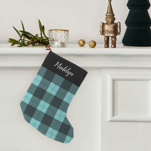 Aqua & Black Buffalo Kariert Personalisiert Kleiner Weihnachtsstrumpf