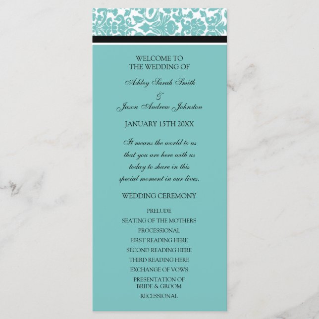 Aqua Black Damask Wedding Program Programm (Vorderseite)
