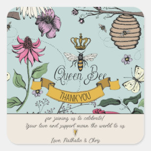 Aqua, Black & Gold Queen Bee and Crown Vielen Dank Quadratischer Aufkleber