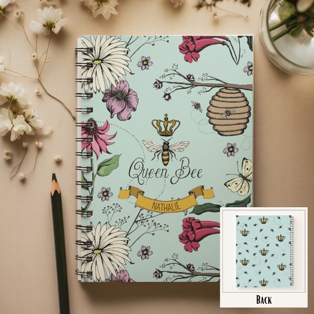 Aqua, Black & Gold Queen Bee, Crown & Scroll Notizbuch (Chic Queen Bee Custom Notebook
Front: Personalized Name or Message
Back: Fun Queen Bee & Crown Print)