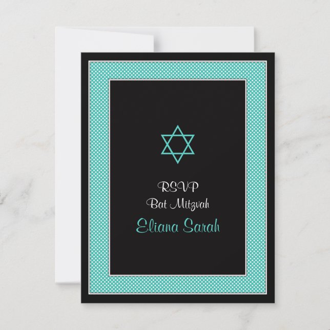 Aqua Black Mini Polka Dots Bat Mitzvah RSVP Karte (Vorderseite)