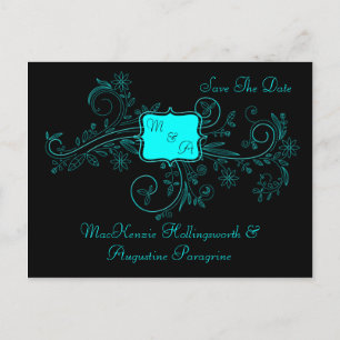 Aqua Black Monogram Floral Wirbel Save the Date Ankündigungspostkarte