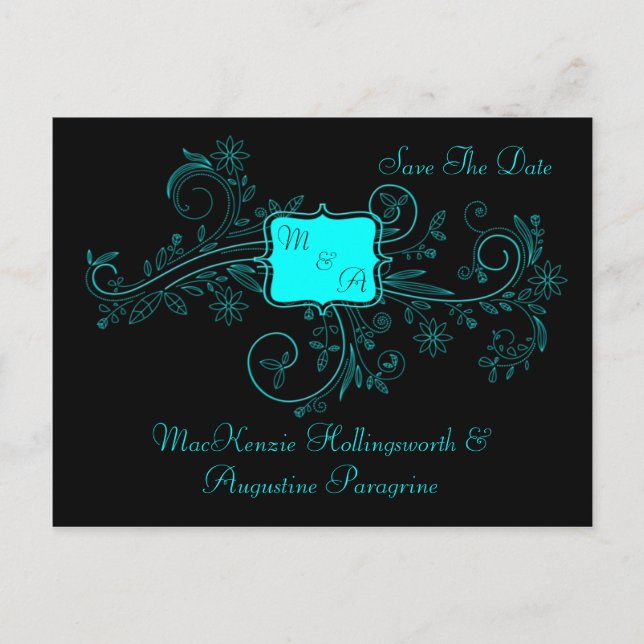 Aqua Black Monogram Floral Wirbel Save the Date Ankündigungspostkarte (Vorderseite)