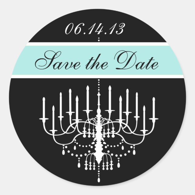 Aqua Black/White Chandelier Save the Date Stickers (Vorderseite)