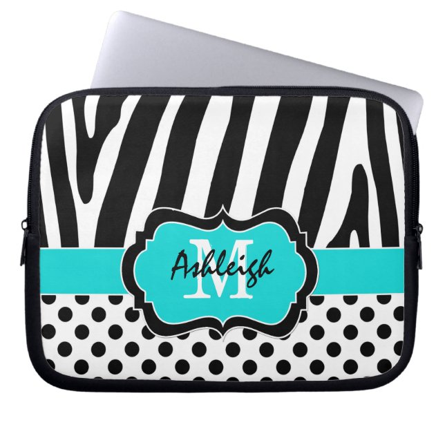Aqua Black Zebra Stripes Polka Dots Laptop Case (Vorderseite)