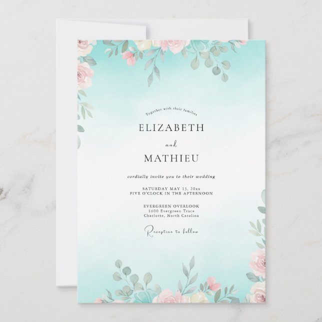 Aqua Blassrosa Blätterhochzeit Einladung (Vorderseite)
