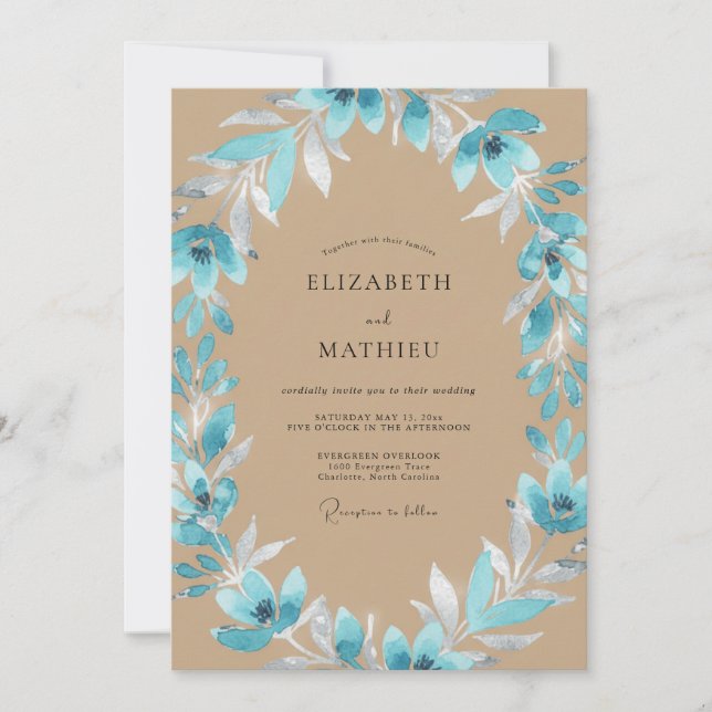 Aqua-Blatt-Beige-Hochzeit Einladung (Vorderseite)