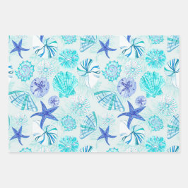 Aqua-blau-aquamarine Aquarellfarbe gemischte Musch Geschenkpapier Set