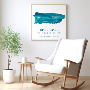 Aqua Blau Aquarell Puerto Rico Karten Koordinaten Poster