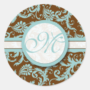 Aqua Blau auf Brauner Damast Hochzeitsaufkleber Runder Aufkleber