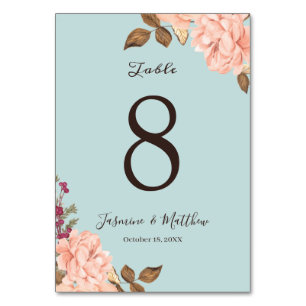 Aqua-Blau-Blush-Blumen-Hochzeitstisch-Nummer Tischnummer