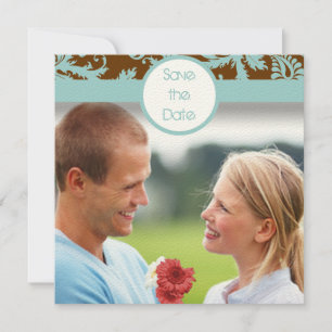 Aqua Blau Damast auf Brauner Hochzeitseinladung Save The Date