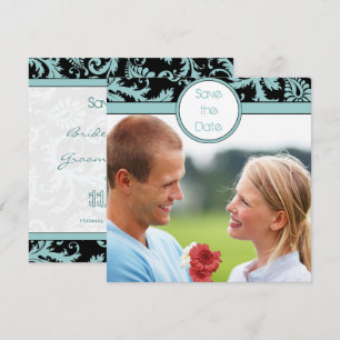Aqua Blau Damast auf schwarzer Hochzeitseinladung Einladung