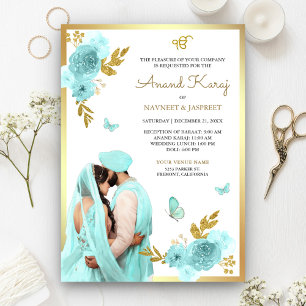 Aqua Blau Florale Punjabi Anand Karaj Sikh-Hochzei Einladung
