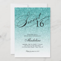 Aqua Blau Glitzer Sweet 16 Fancy Schrift Einladung