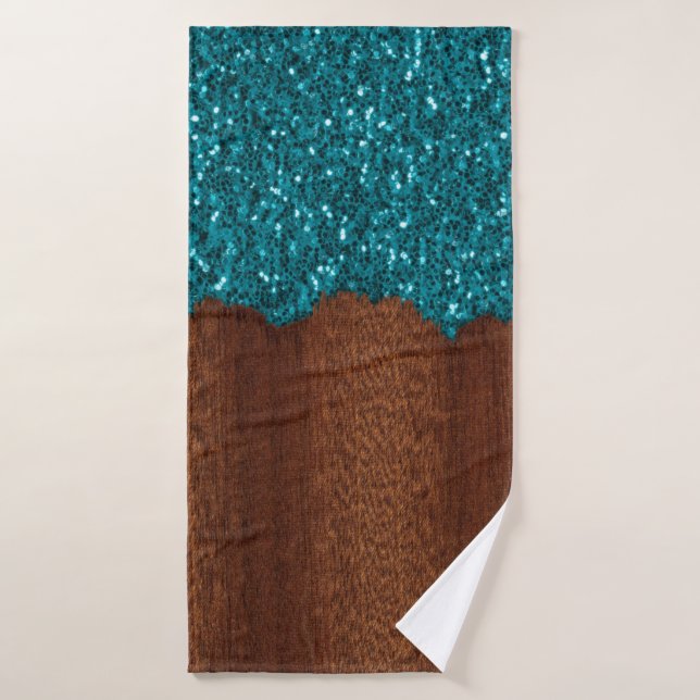 Aqua-Blau-Glitzern, rustikales braunes Holz Badehandtuch (Badehandtuch)