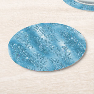 Aqua Blau Glitzernd Glitter Tropische Blätter Runder Pappuntersetzer