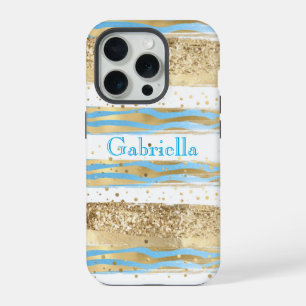 Aqua Blau Gold Glitter Konfetti Zebra Tier iPhone 15 Pro Hülle