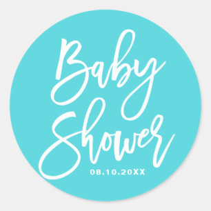 Aqua-Blau-Handschrift-Personalisierter-Baby-Party- Runder Aufkleber