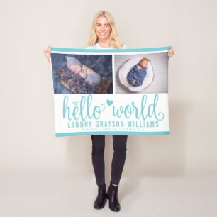 Aqua Blau Hello World Monogramm Baby Statue Fleecedecke