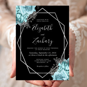 Aqua Blau Silber Blumen Schwarz Hochzeit Einladung